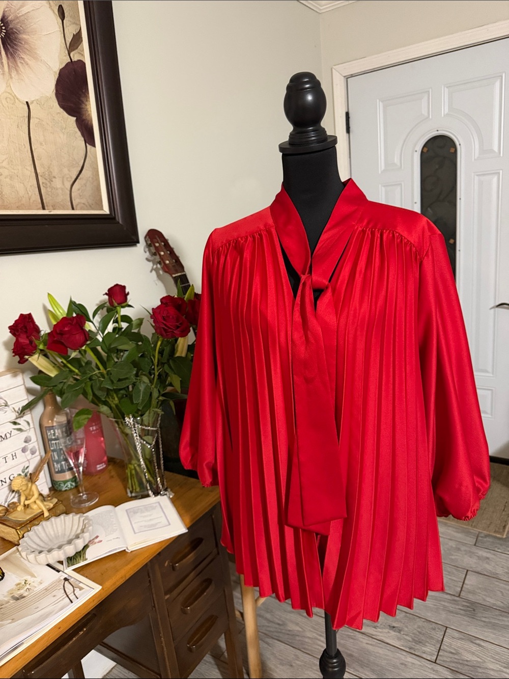 The Limited Red Pleated Satin Tie-Neck Blouse